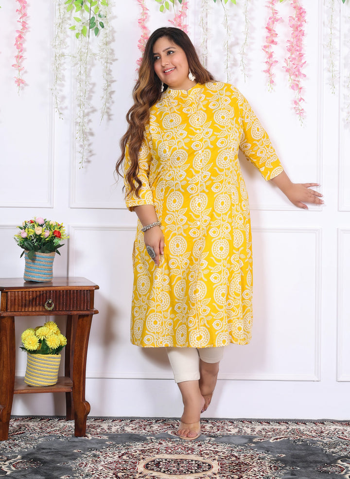 Women Printed Cotton A-line Kurta (B06-Yellow)