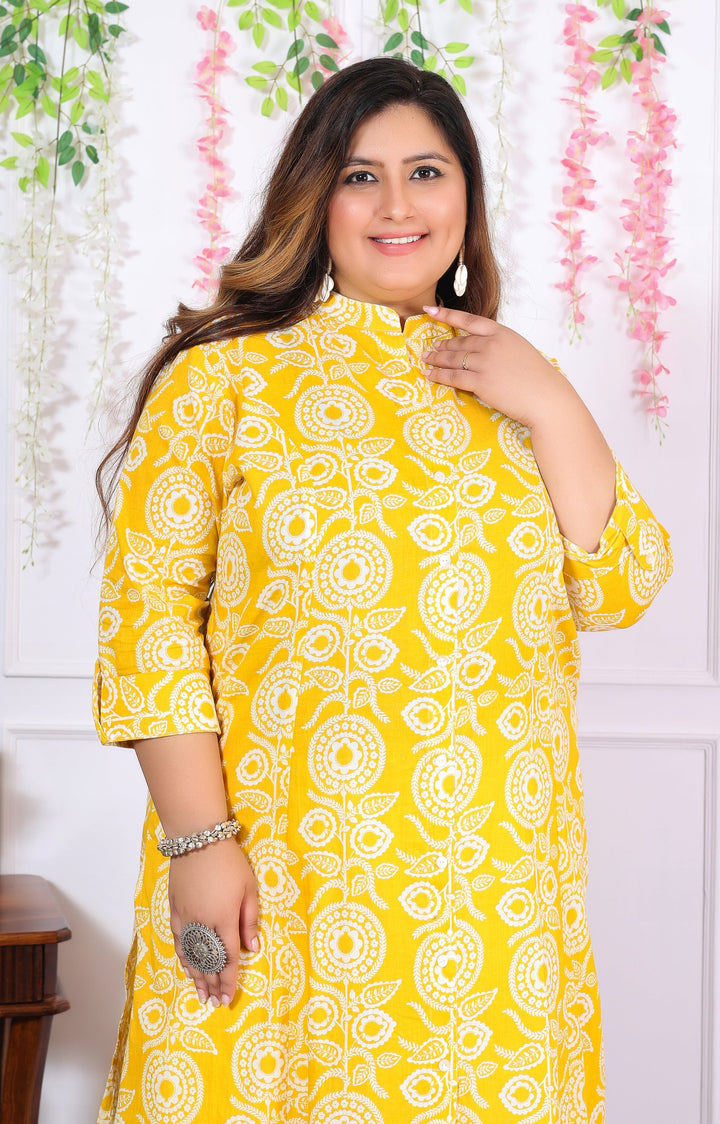Women Printed Cotton A-line Kurta (B06-Yellow)