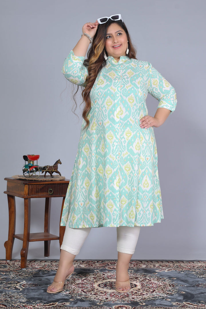 Women Printed Cotton A-line Kurta (B07-Green)