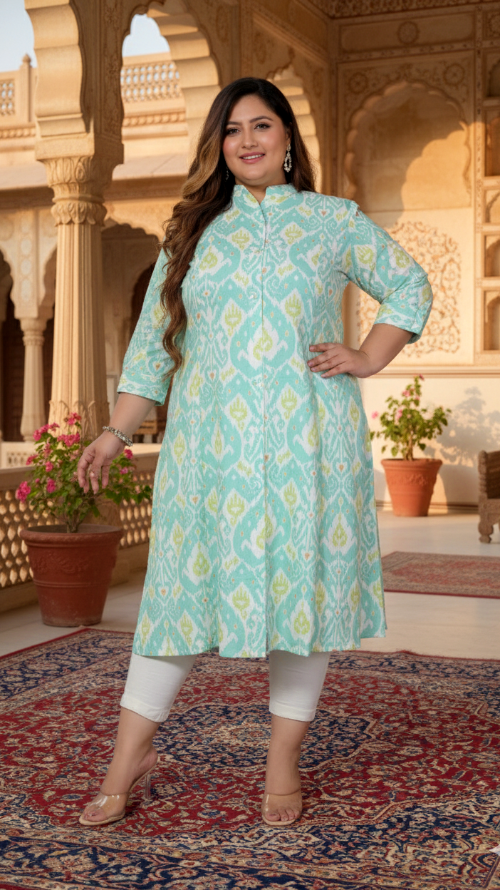 Women Printed Cotton A-line Kurta (B07-Green)