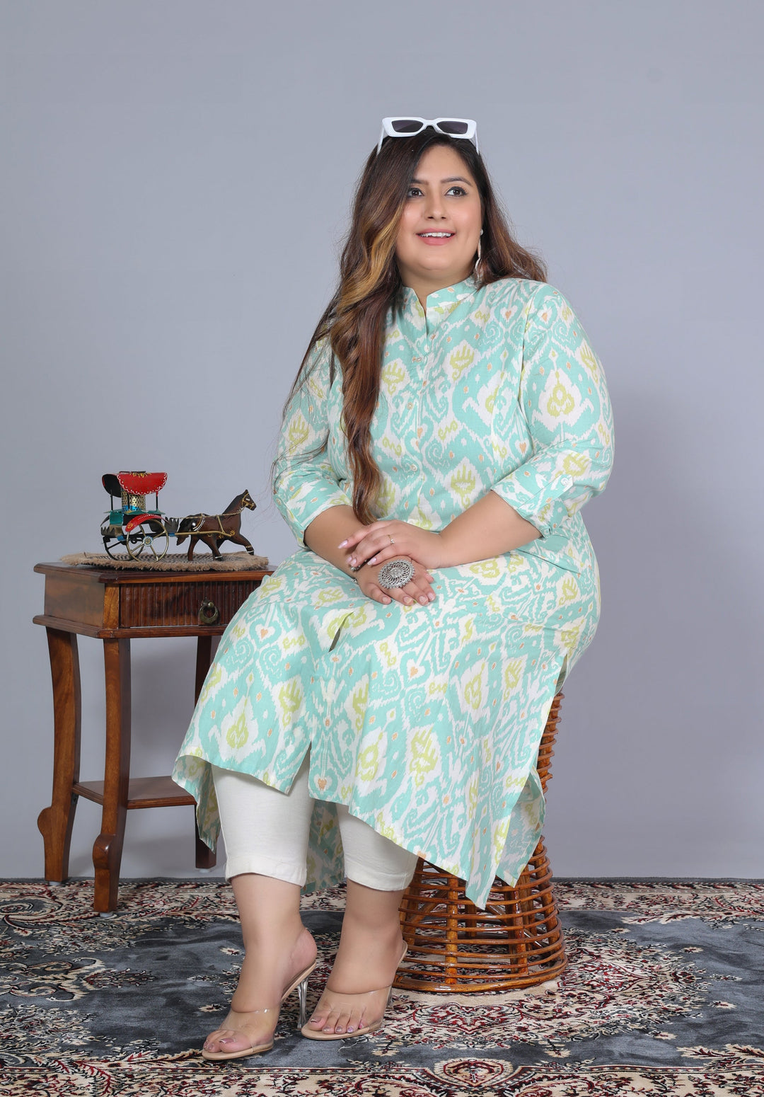 Women Printed Cotton A-line Kurta (B07-Green)
