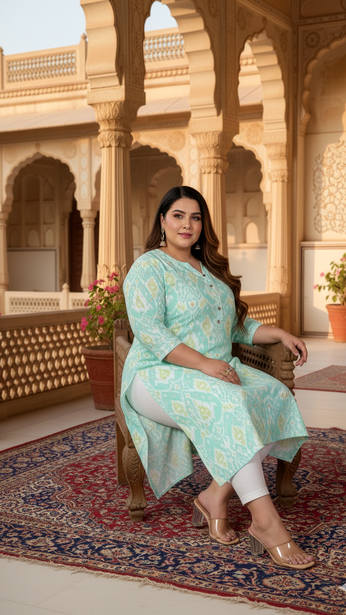 Women Printed Cotton A-line Kurta (B07-Green)