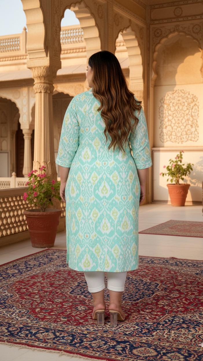 Women Printed Cotton A-line Kurta (B07-Green)