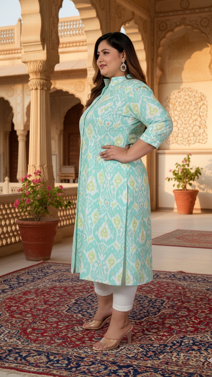 Women Printed Cotton A-line Kurta (B07-Green)