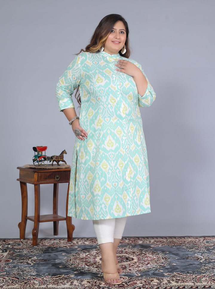 Women Printed Cotton A-line Kurta (B07-Green)