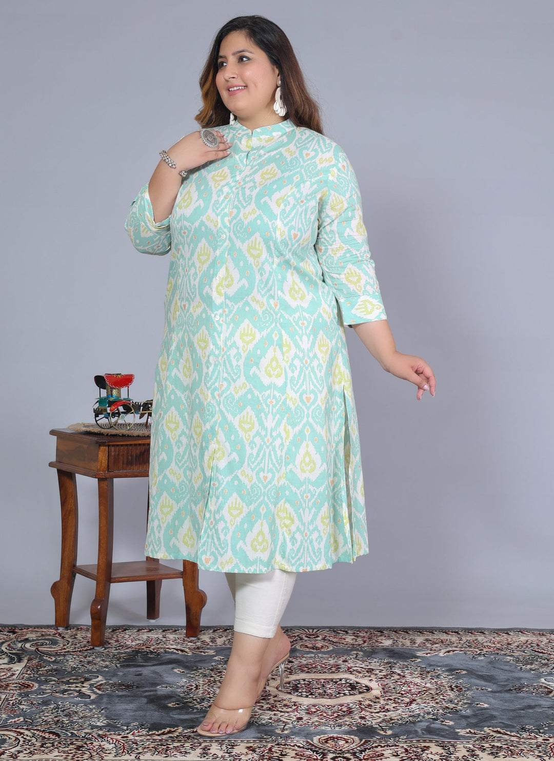 Women Printed Cotton A-line Kurta (B07-Green)