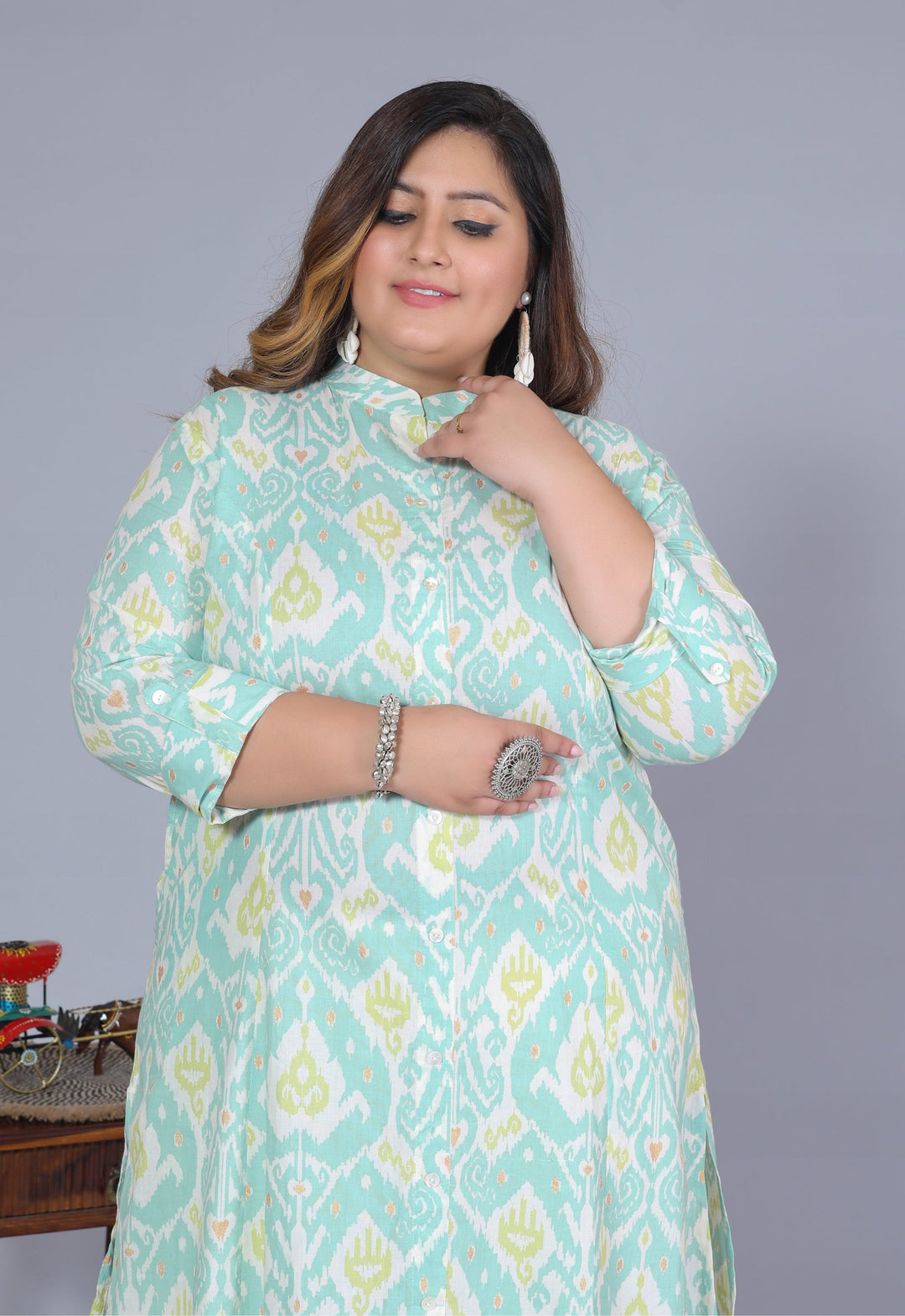 Women Printed Cotton A-line Kurta (B07-Green)