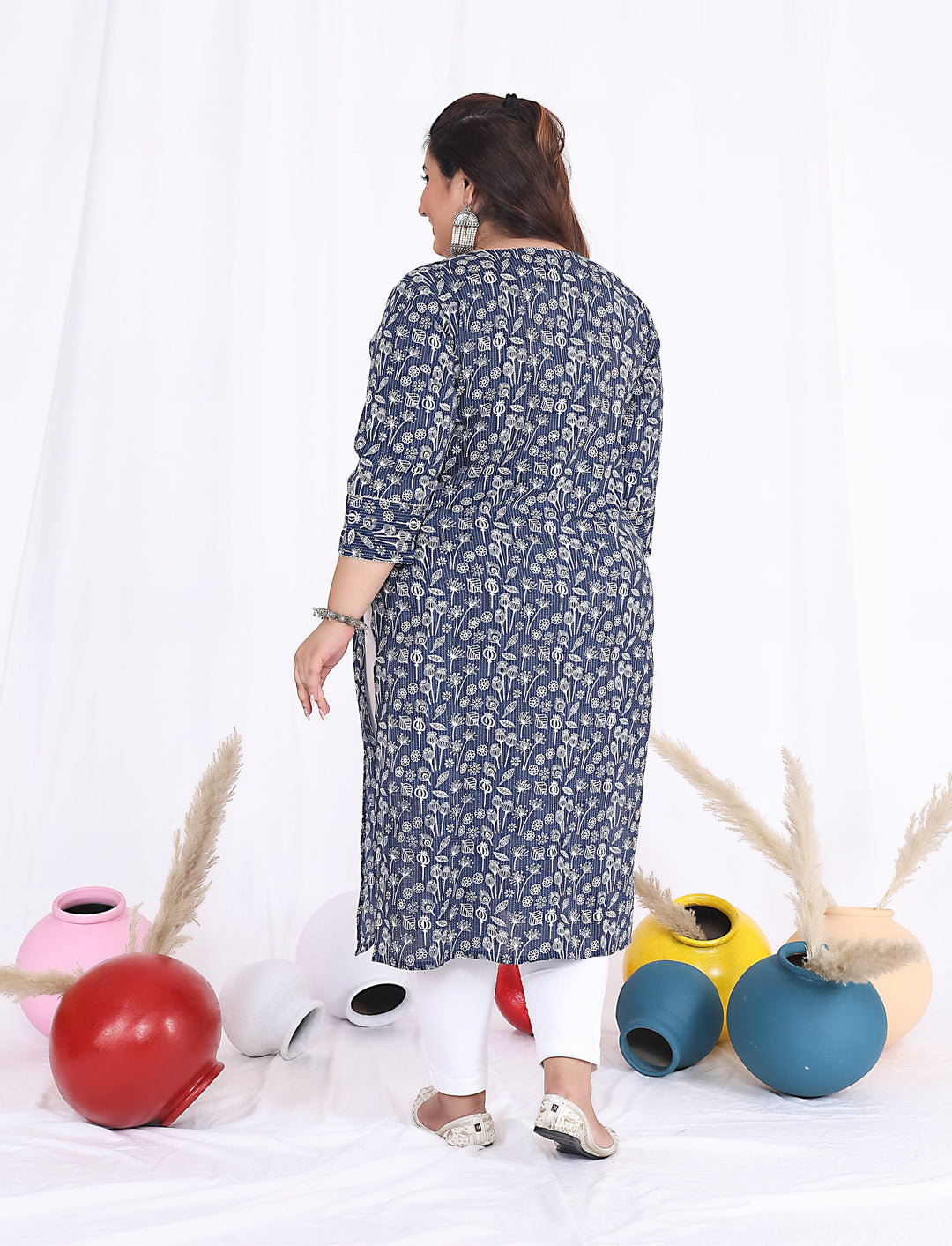 Women Printed Cotton Straight Kurta (B08-Blue)