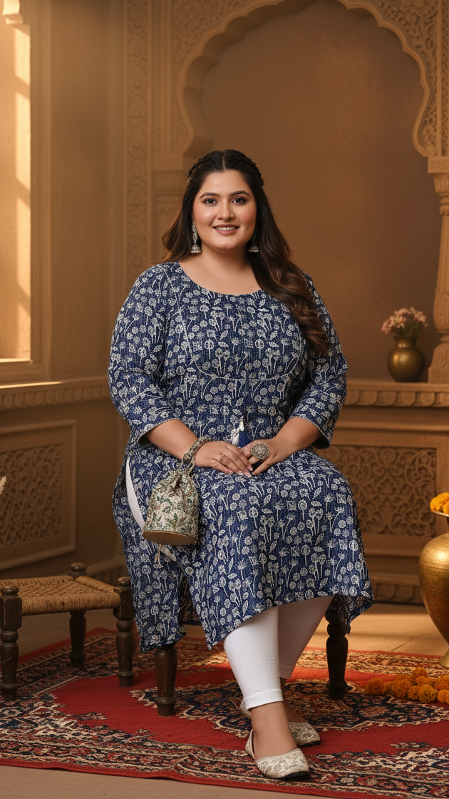 Women Printed Cotton Straight Kurta (B08-Blue)