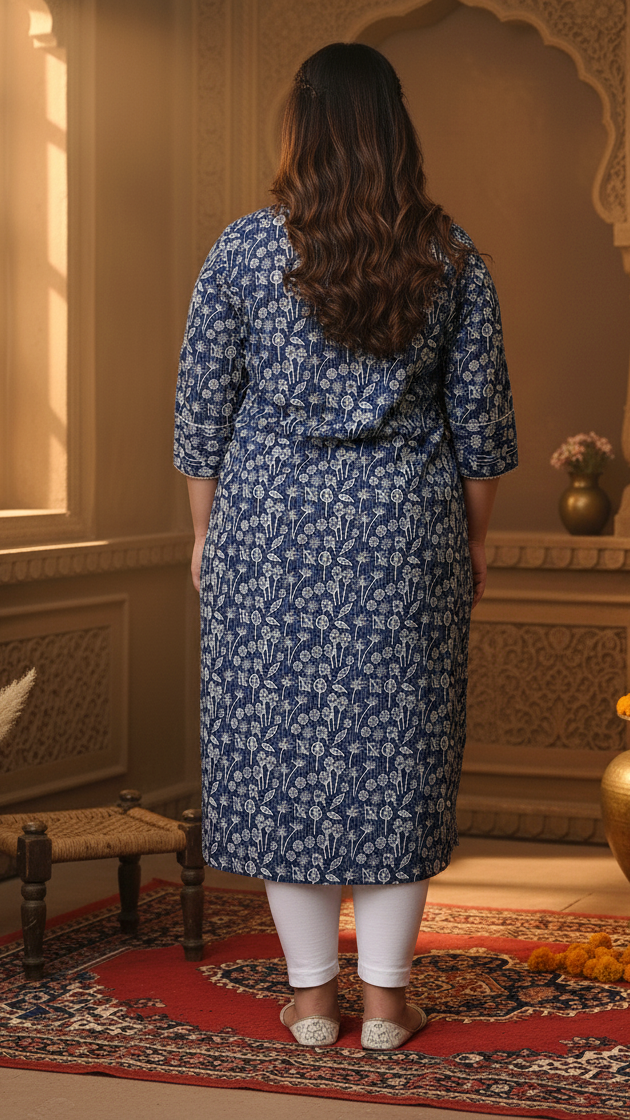 Women Printed Cotton Straight Kurta (B08-Blue)