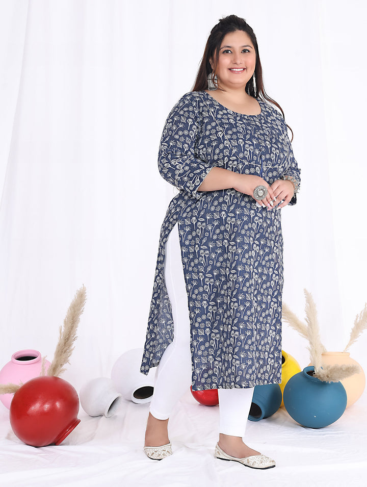 Women Printed Cotton Straight Kurta (B08-Blue)