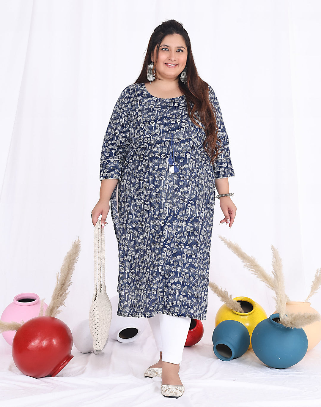 Women Printed Cotton Straight Kurta (B08-Blue)