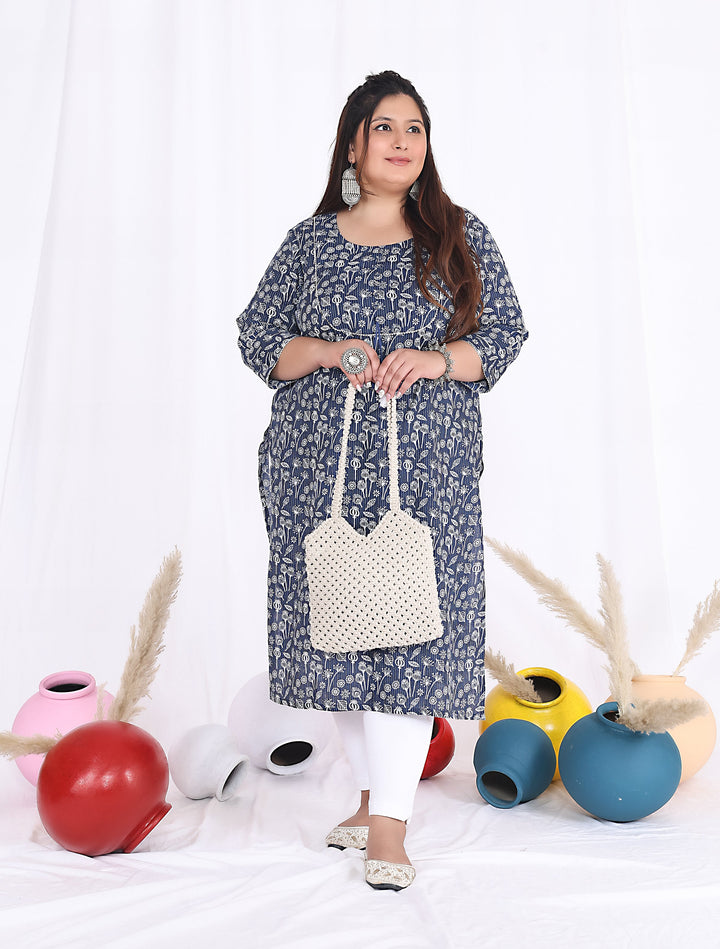 Women Printed Cotton Straight Kurta (B08-Blue)