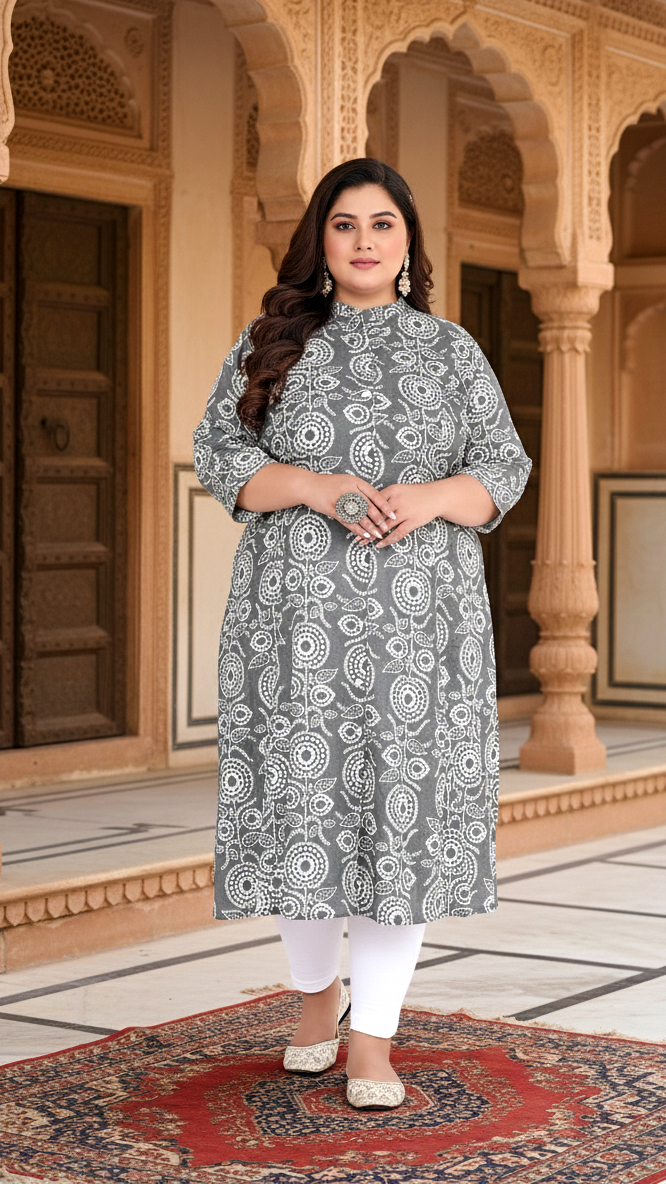 Women Printed Cotton A-line Kurta (B09-Grey)