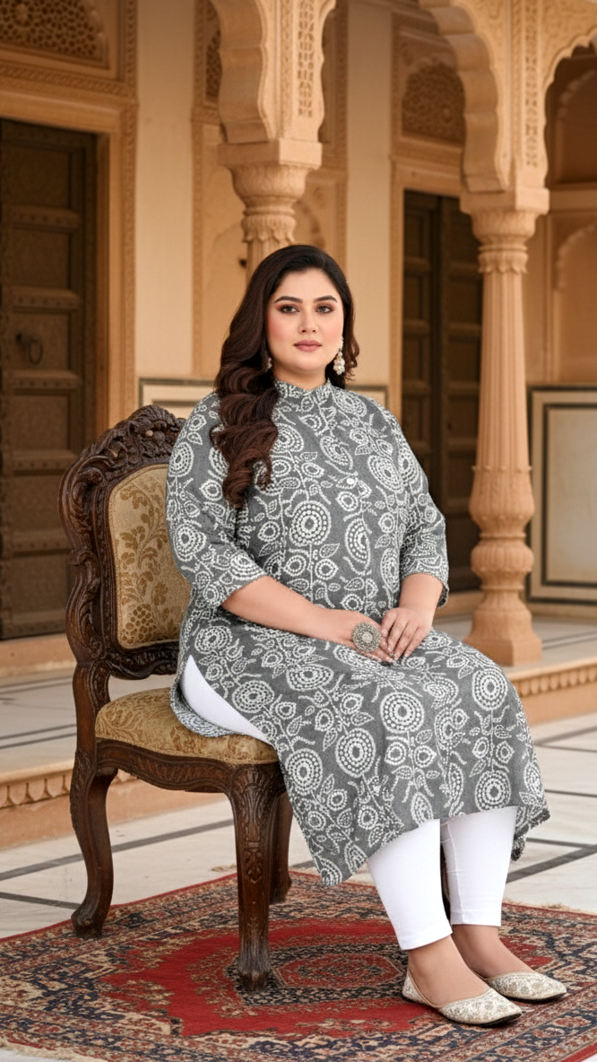 Women Printed Cotton A-line Kurta (B09-Grey)