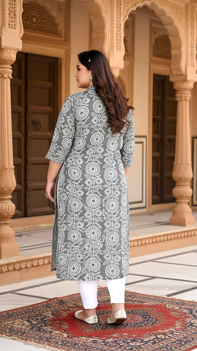Women Printed Cotton A-line Kurta (B09-Grey)
