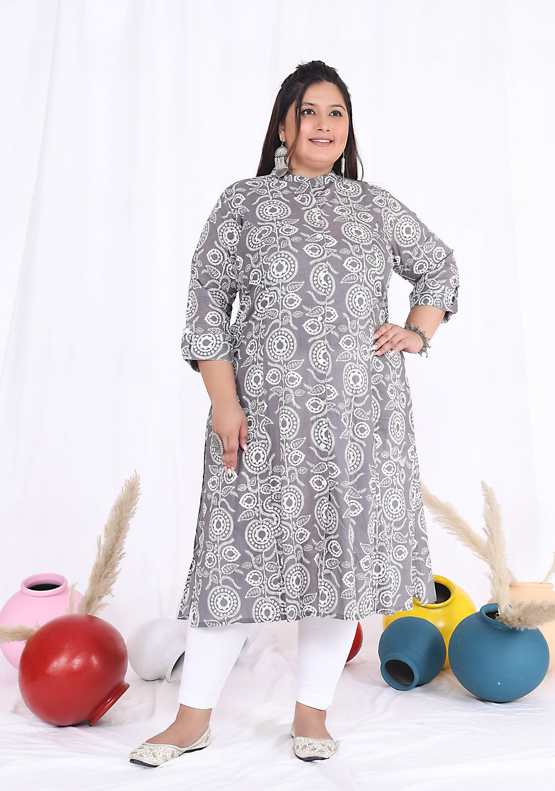 Women Printed Cotton A-line Kurta (B09-Grey)