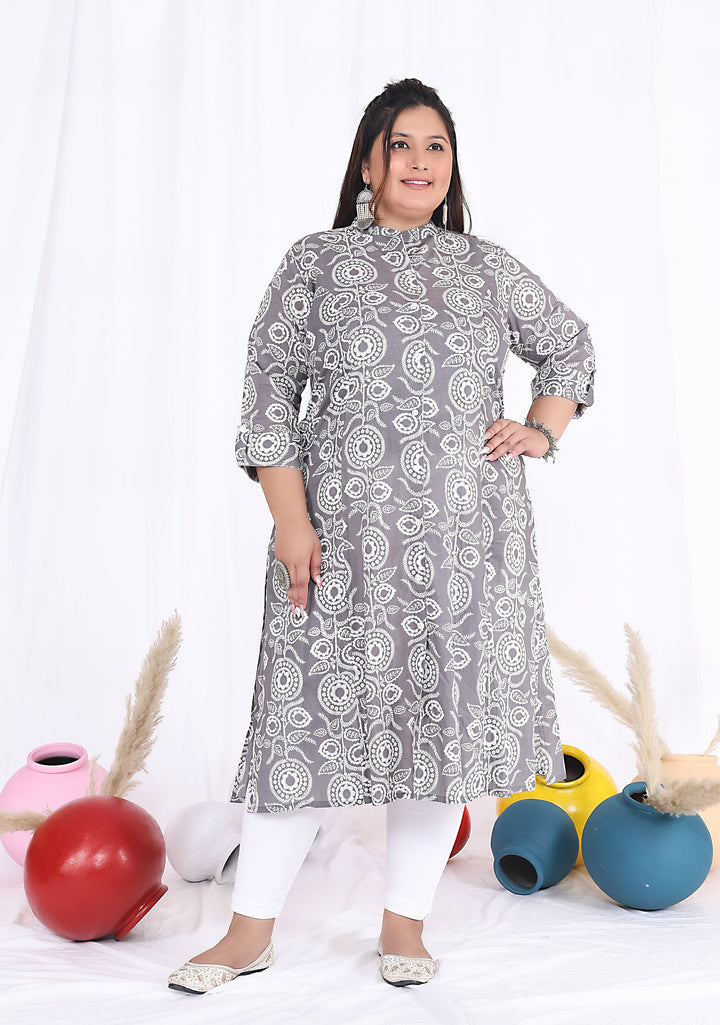 Women Printed Cotton A-line Kurta (B09-Grey)