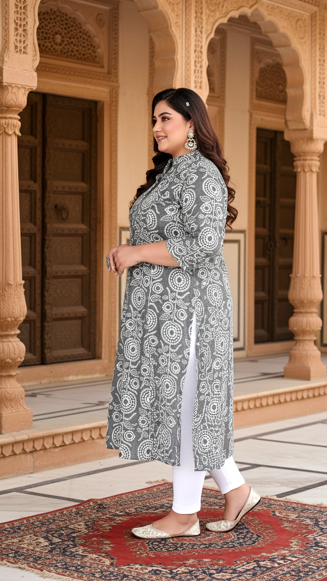 Women Printed Cotton A-line Kurta (B09-Grey)