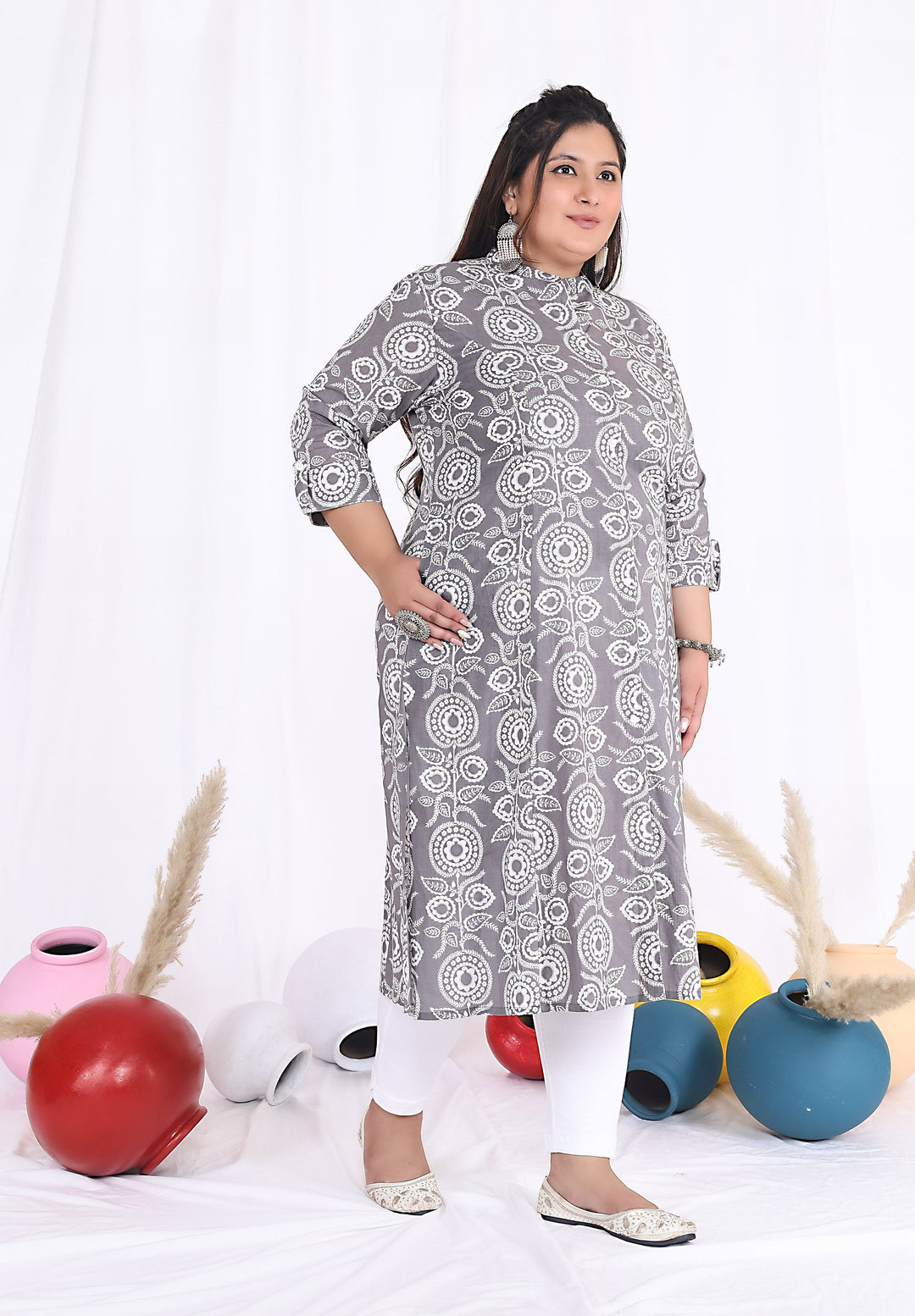 Women Printed Cotton A-line Kurta (B09-Grey)