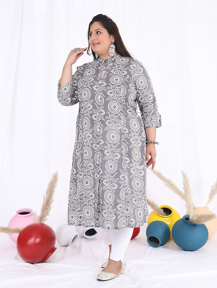 Women Printed Cotton A-line Kurta (B09-Grey)