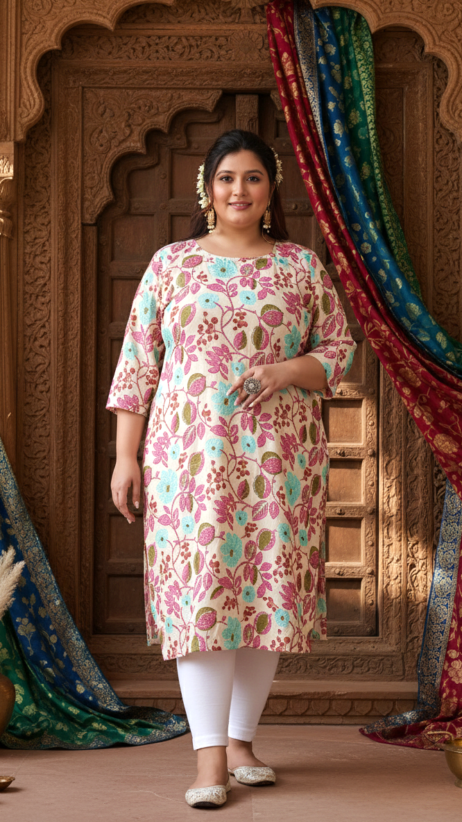 Women Printed Cotton Straight Kurta (B10-Peach)