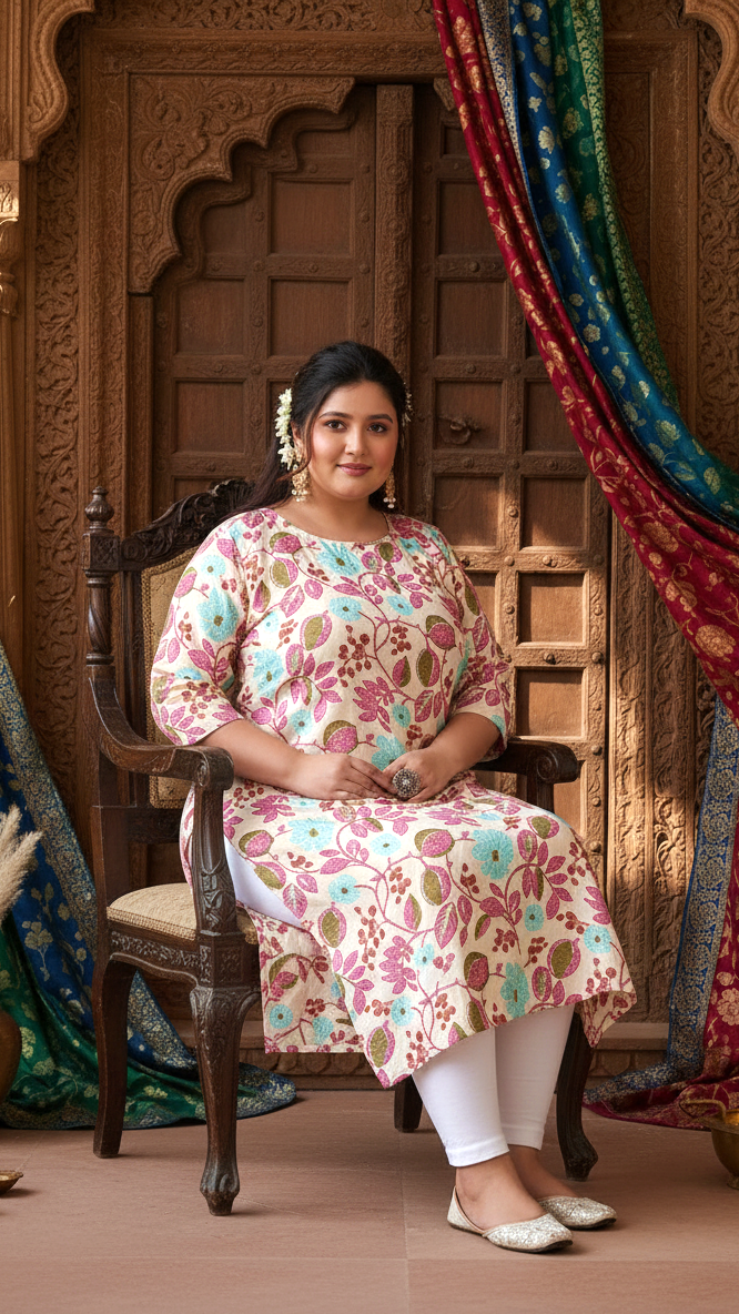 Women Printed Cotton Straight Kurta (B10-Peach)