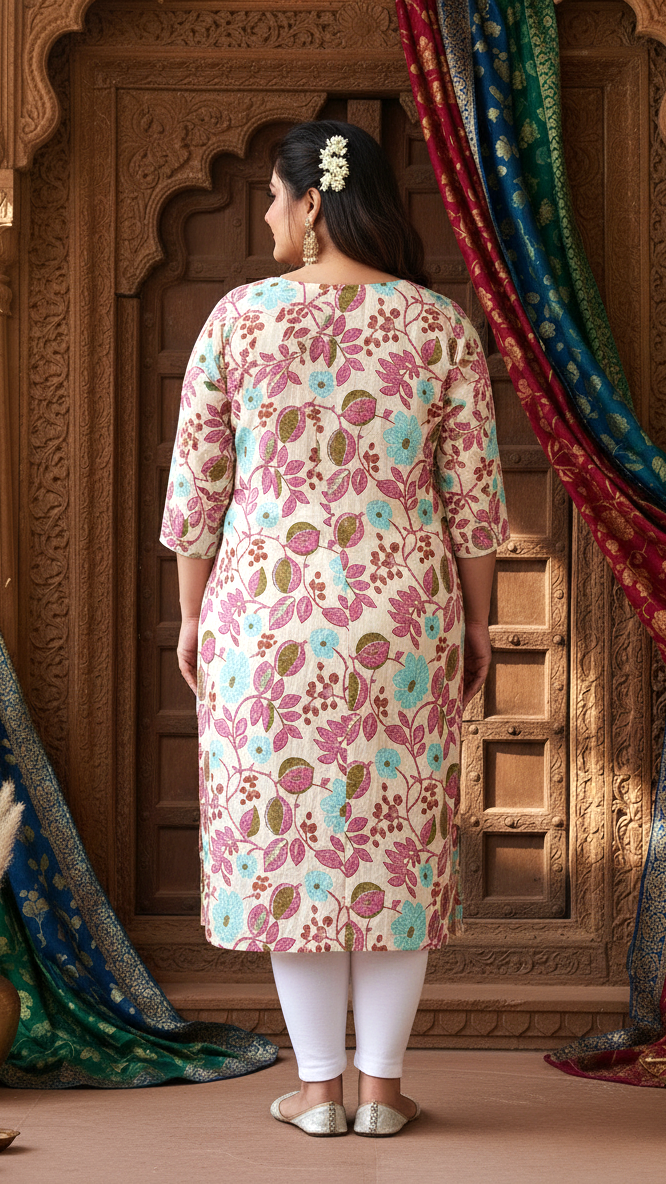 Women Printed Cotton Straight Kurta (B10-Peach)