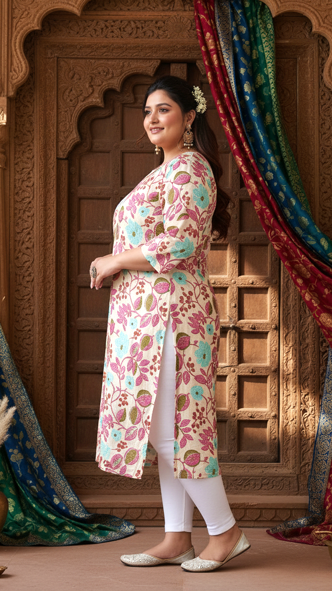 Women Printed Cotton Straight Kurta (B10-Peach)