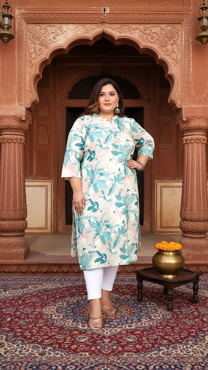 Women Printed Cotton Straight Kurta (B11-Green)