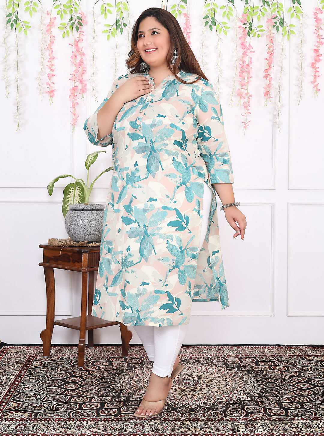 Women Printed Cotton Straight Kurta (B11-Green)