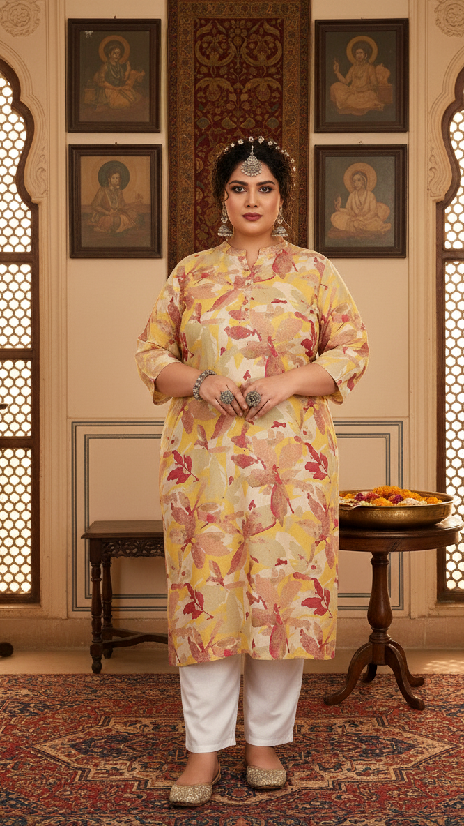 Women Printed Cotton Straight Kurta (B11-Yellow)