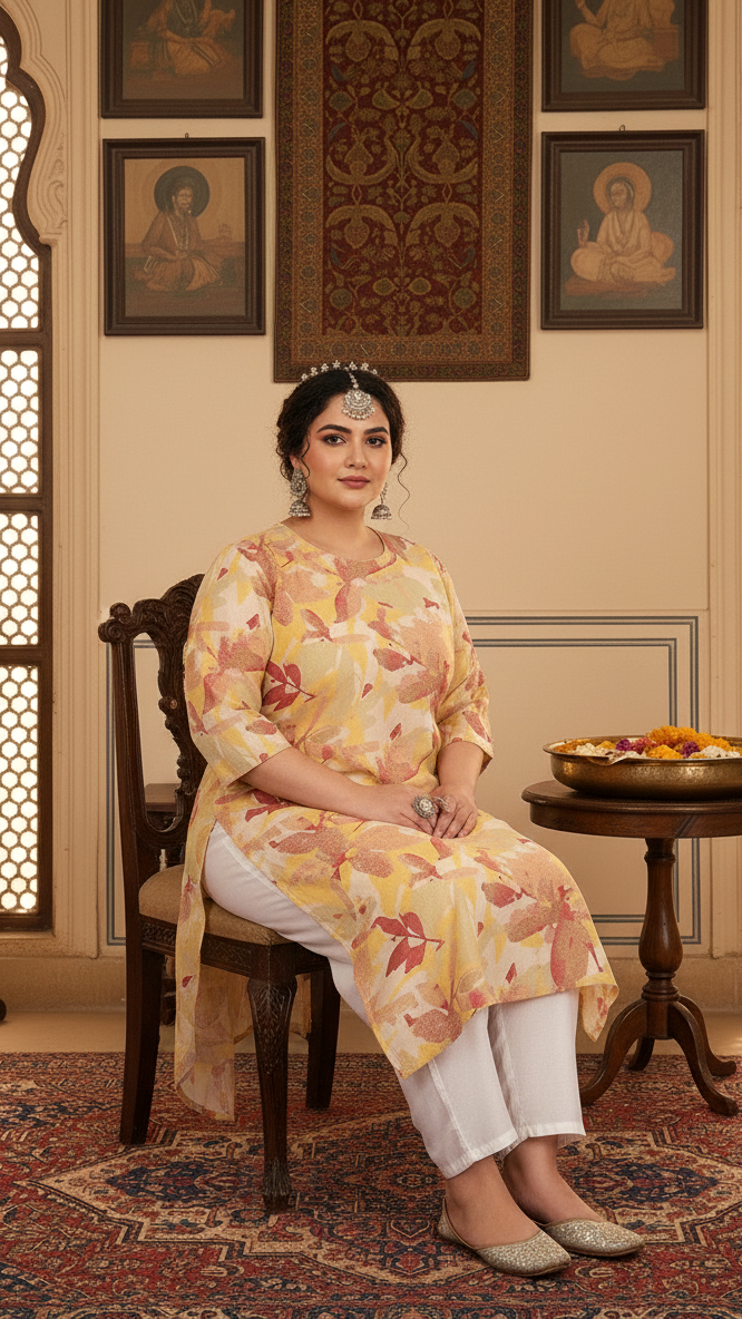 Women Printed Cotton Straight Kurta (B11-Yellow)