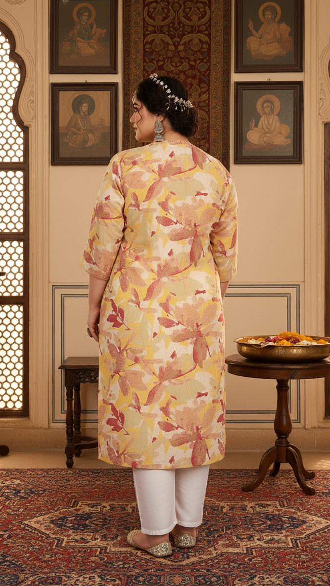 Women Printed Cotton Straight Kurta (B11-Yellow)
