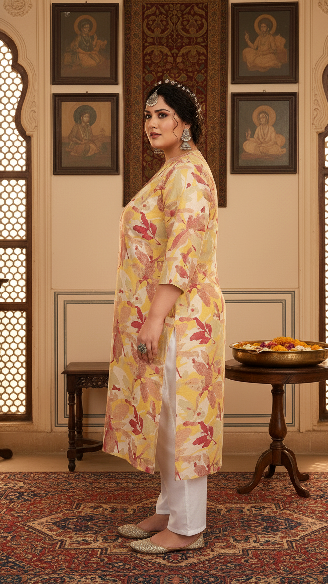 Women Printed Cotton Straight Kurta (B11-Yellow)