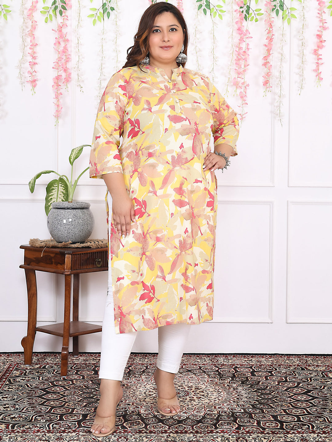 Women Printed Cotton Straight Kurta (B11-Yellow)