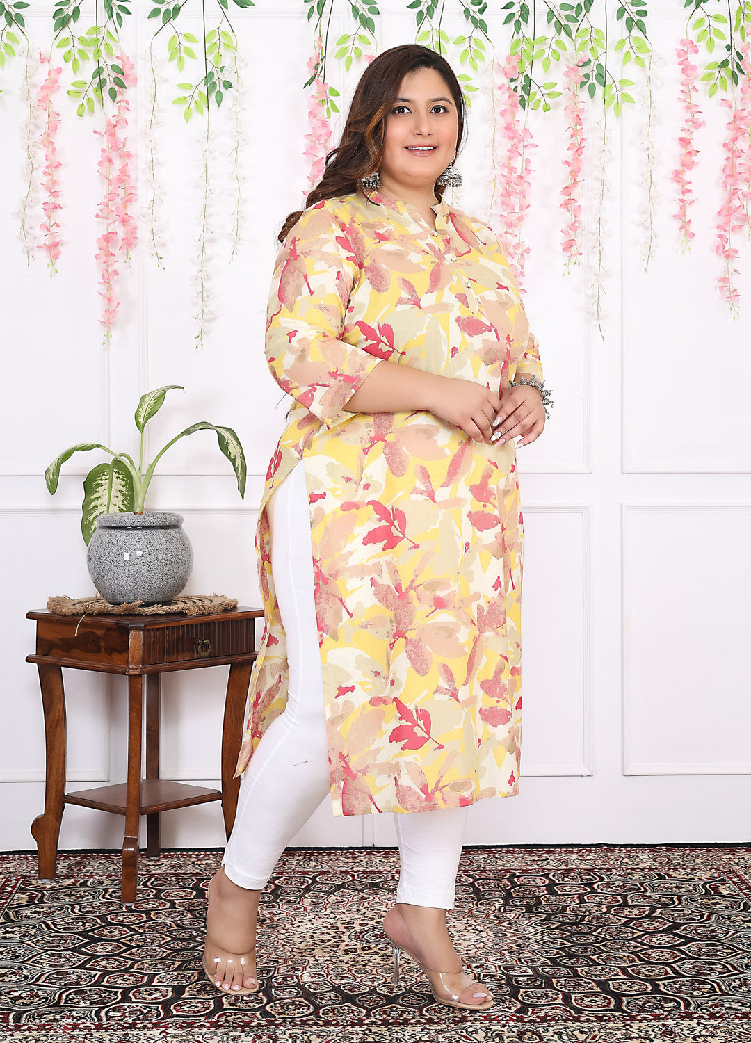 Women Printed Cotton Straight Kurta (B11-Yellow)