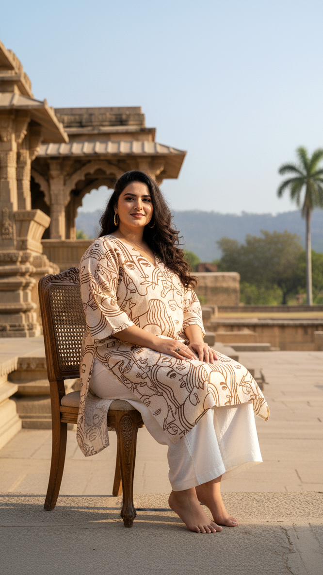 Abstract Face Print Plus Size Kurta