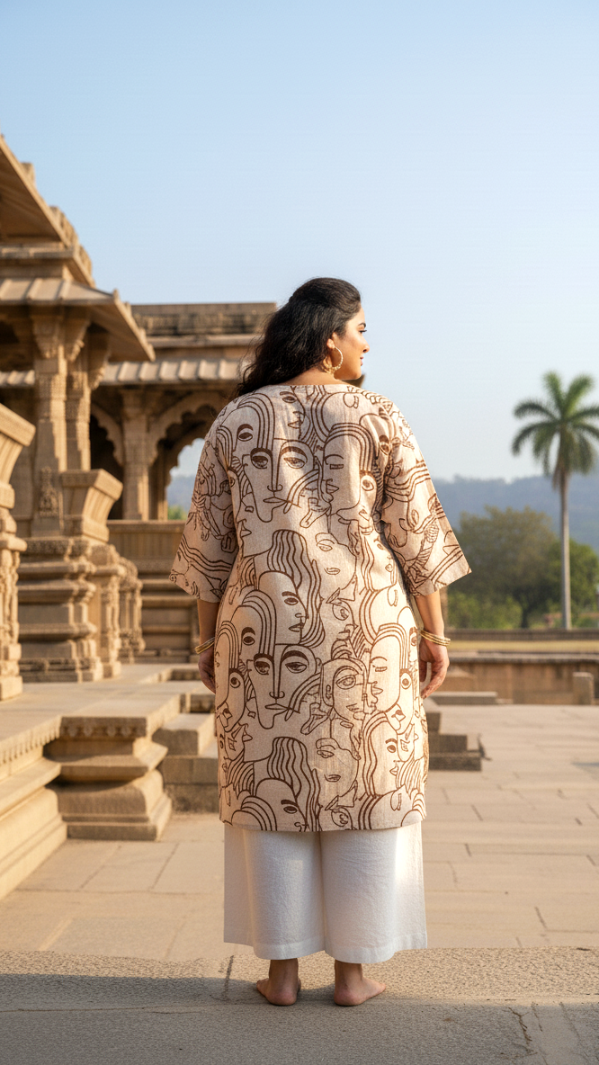 Abstract Face Print Plus Size Kurta