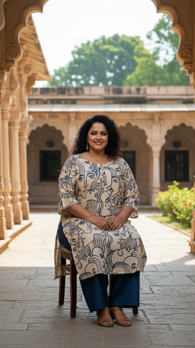 Artistic Line-Art Print Cotton Plus Size Kurta