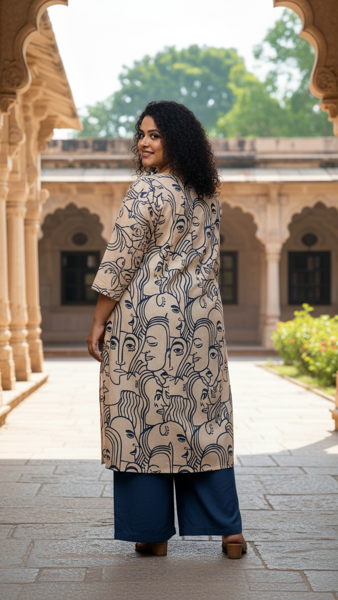 Artistic Line-Art Print Cotton Plus Size Kurta