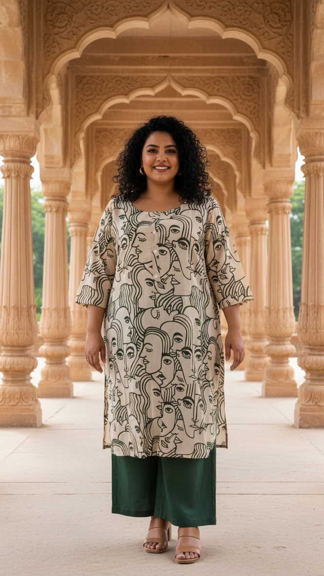 Contemporary Abstract Faces Plus Size Cotton Kurta