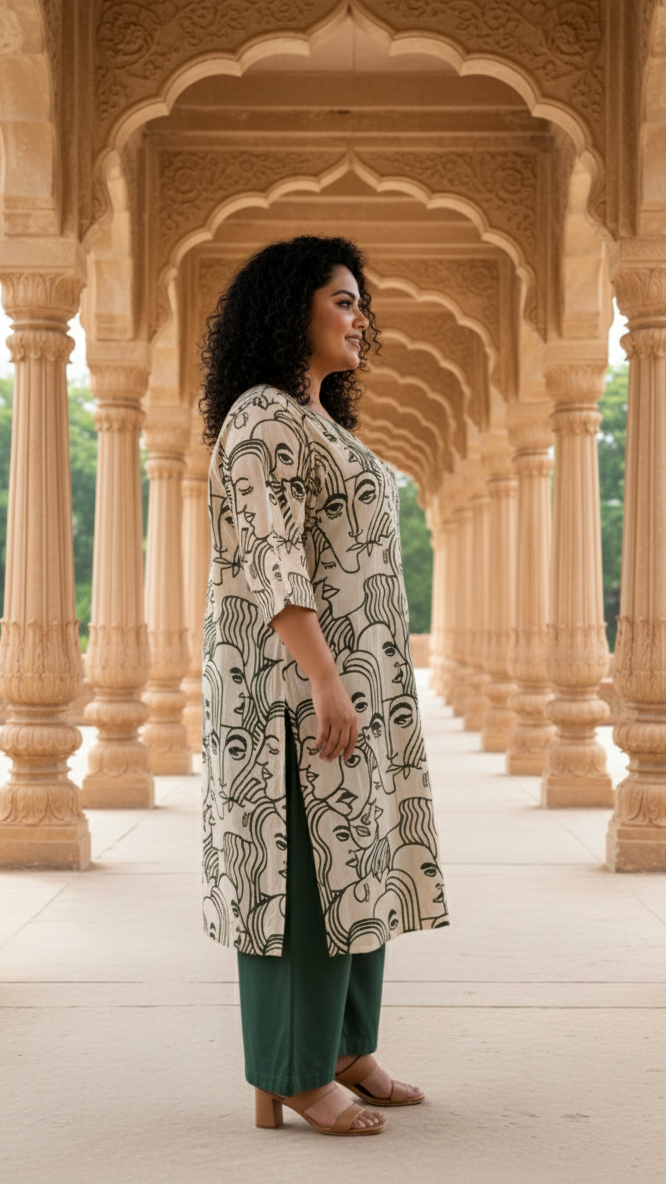 Contemporary Abstract Faces Plus Size Cotton Kurta