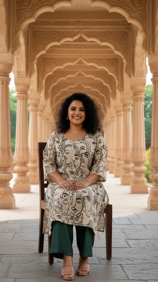 Contemporary Abstract Faces Plus Size Cotton Kurta