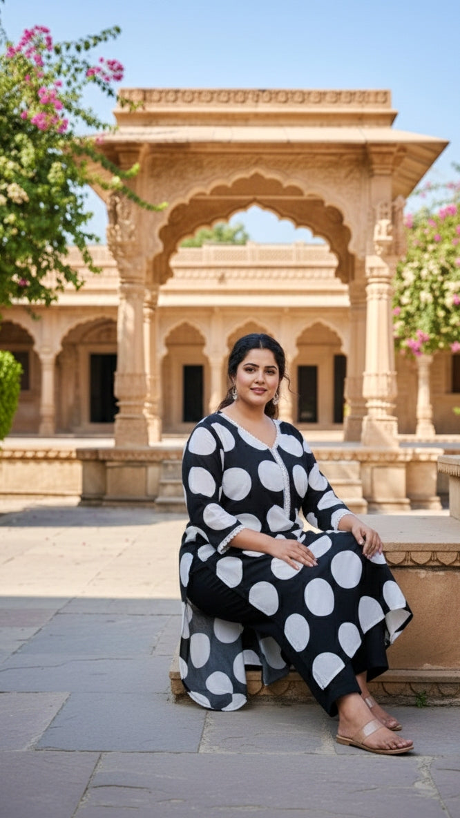 Dotted Black & White Plus Size Cotton Kurta