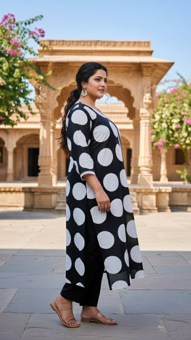 Dotted Black & White Plus Size Cotton Kurta