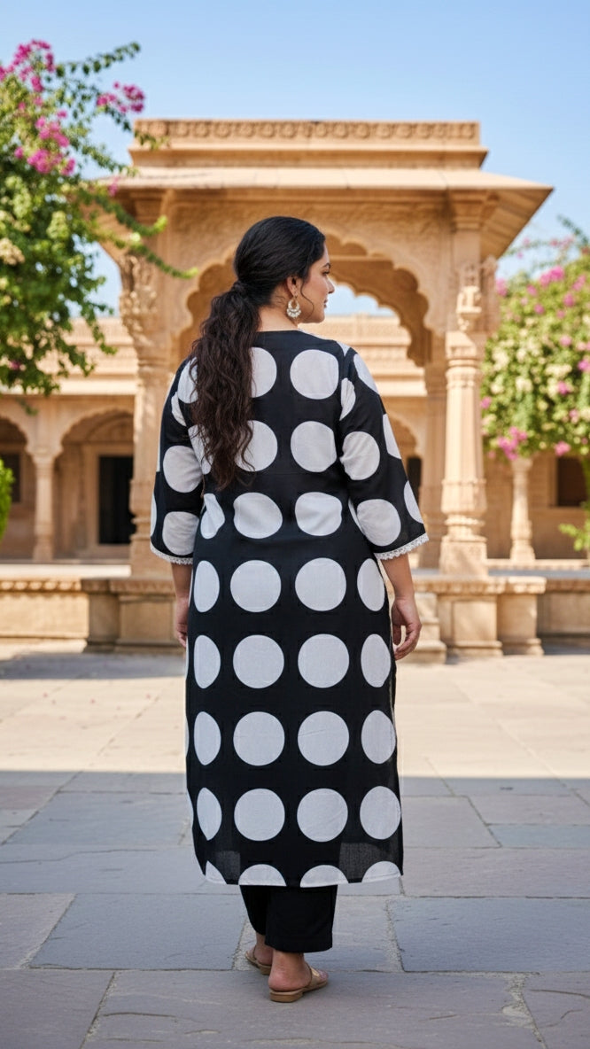 Dotted Black & White Plus Size Cotton Kurta
