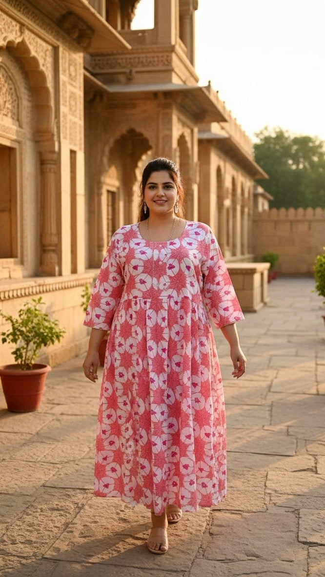 Plus Size Cotton Pink Abstract Printed Gown