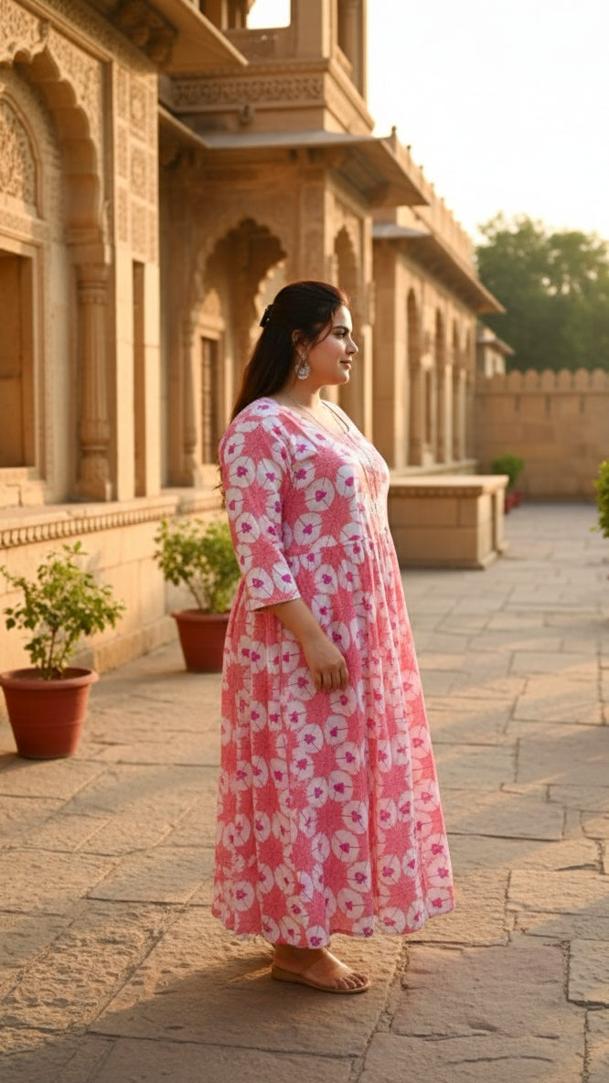 Plus Size Cotton Pink Abstract Printed Gown