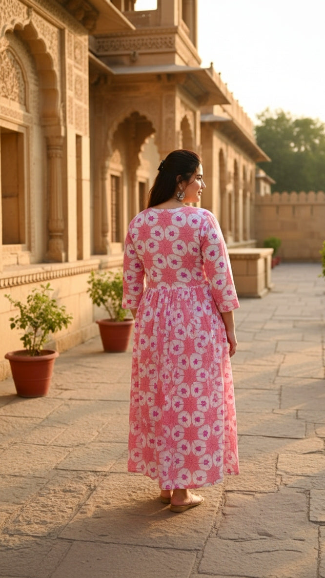 Plus Size Cotton Pink Abstract Printed Gown